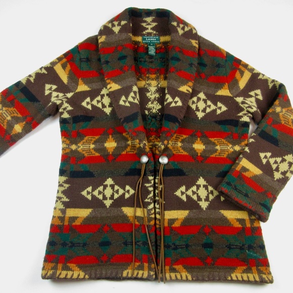 Vintage Ralph Lauren Cardigan Sweater Sz M Hand Knit Western Aztec Design - Picture 2 of 6